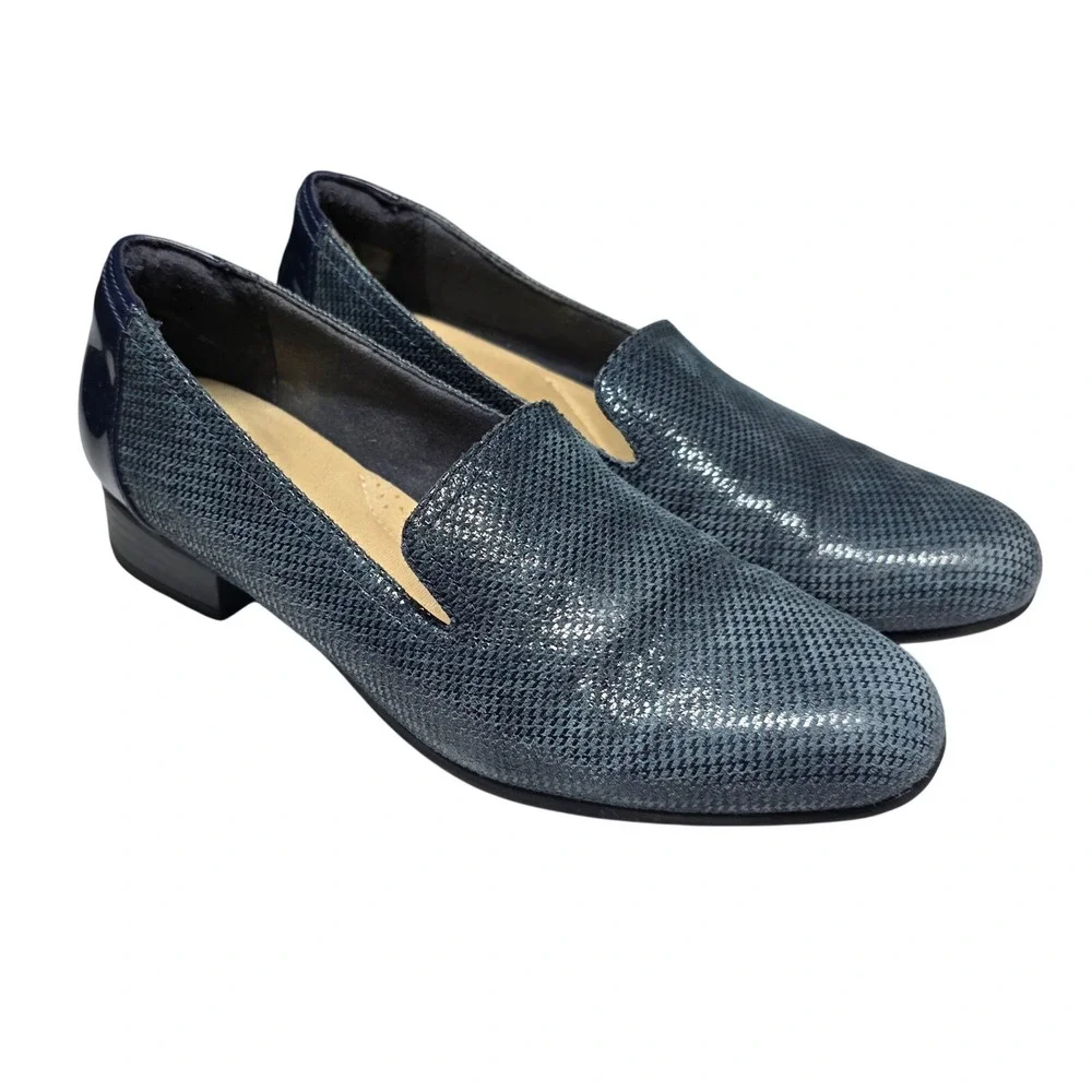 Clarks Collection Blue Metallic Textured Loafers Patent Heel 7.5 M 261557894050